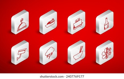 Set line Air conditioner, Ship, Toaster with toasts, Paint brush, Bowl chopsticks, Covered tray of food, Storm and Security camera icon. Vector