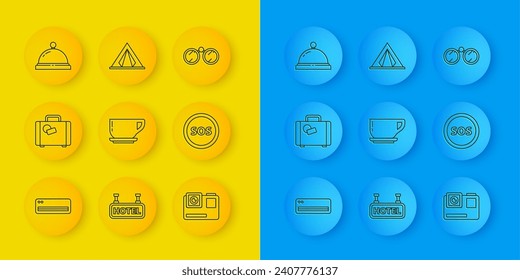 Set line Air conditioner, Suitcase, Coffee cup, Action extreme camera, Location with SOS, Hotel service bell, Binoculars and Tourist tent icon. Vector