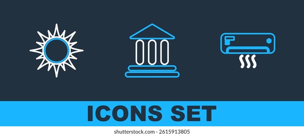 Set line Air conditioner, Sun and Bank building icon. Vector