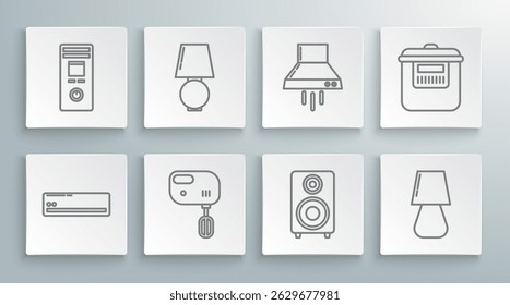 Set line Ar condicionado, Lâmpada de mesa, Misturador elétrico, Alto-falante estéreo, ventilador extrator de cozinha, fogão lento e ícone de controle remoto. Vetor
