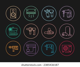 Fijar línea Acondicionador de aire, Limpiador de vacío, Ametralladora de uñas, Máquina de perforación eléctrica, compresor, altavoz estéreo, Chainsaw e icono. Vector