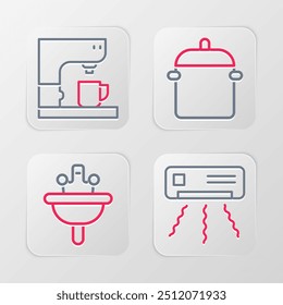 Set line Air conditioner, Washbasin, Cooking pot and Coffee machine icon. Vector