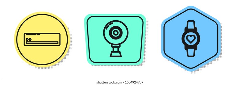 Set line Air conditioner , Web camera  and Smart watch showing heart beat rate . Colored shapes. Vector