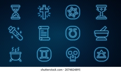 Set line Air element, Mortar and pestle, Tarot cards, Decree, parchment, scroll, Bottle with potion, Old hourglass sand, Life and Christian cross icon. Vector