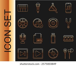 Set line Air headphones, Drum, Musical tuning fork, Triangle musical instrument, Vinyl disk, Dial knob level technology settings, synthesizer and Stereo speaker icon. Vector