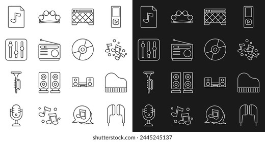Set line Air headphones, Grand piano, Music note, tone, Guitar amplifier, Radio, Sound mixer controller, MP3 file document and Vinyl disk icon. Vector