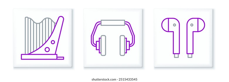 Set line Air headphones, Harp and Headphones icon. Vector