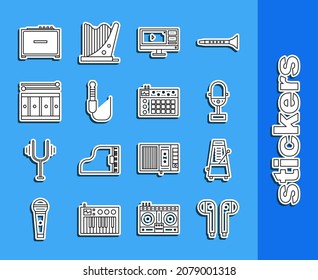 Set line Air headphones, Metronome with pendulum in motion, Microphone, Video recorder or editor software monitor, Audio jack, Drum drum sticks, Guitar amplifier and machine icon. Vector