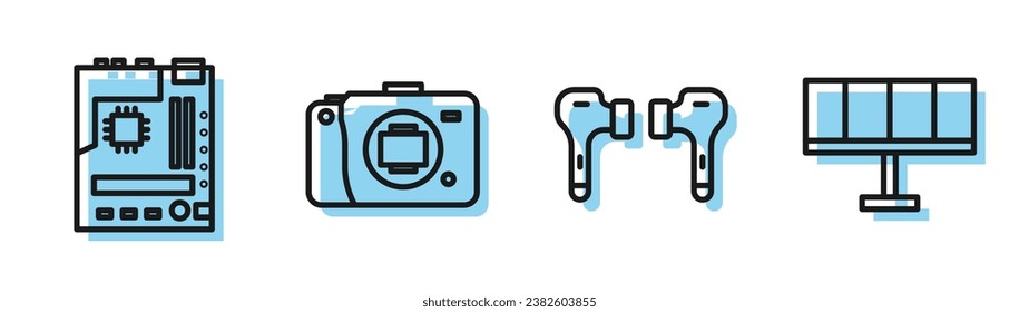 Set line Air headphones, Motherboard, Mirrorless camera and Solar energy panel icon. Vector