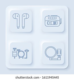 Set line Air headphones, Music tape player, Drums and Microphone. White square button. Vector