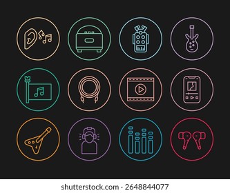 Set line Air headphones, Music player, Microphone, Audio jack, festival flag, Ear listen sound signal, Online video and Stereo speaker icon. Vector