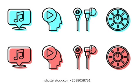 Set line Air headphones, Musical note in speech bubble, Head people with play button and Dial knob level technology settings icon. Vector