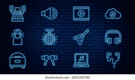 Set line Air headphones, Headphones, Online play video, Disco ball, Man, Music recording studio, Electric bass guitar and Speaker volume icon. Vector