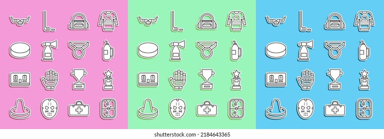 Set line Air hockey table, Award cup, Fitness shaker, Sport bag, horn, Hockey puck, Ice sticks and and Medal icon. Vector