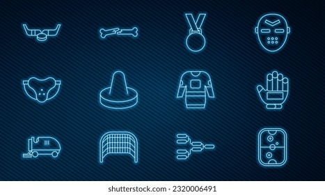 Fijar la línea Mesa de hockey sobre aire, Guante de hockey, Medalla, Mallet para jugar al aire, Jockstrap deportivo de protección, Palos y polvos de hielo, camiseta e ícono de hueso roto humano. Vector