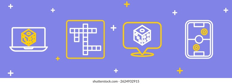 Definir a linha Mesa de hóquei no ar, Dados do jogo, Palavras cruzadas e ícone. Vetor