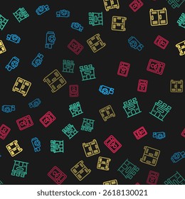 Set line Air horn, Football stadium, Locker changing room and soccer card on seamless pattern. Vector