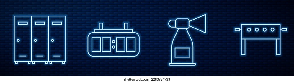 Set line Air horn, Locker or changing room, Hockey mechanical scoreboard, Hockey table and Hockey jersey. Glowing neon icon on brick wall. Vector