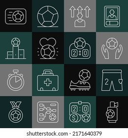 Set line Air horn, Shorts for playing football, Soccer, Football soccer player, Award over sports winner podium,  and Sport mechanical scoreboard icon. Vector