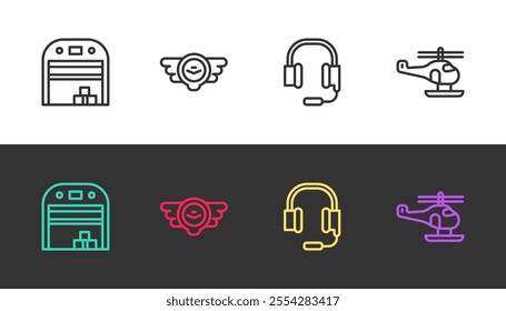 Set line Aircraft hangar, Aviation emblem, Headphones with microphone and Helicopter on black and white. Vector