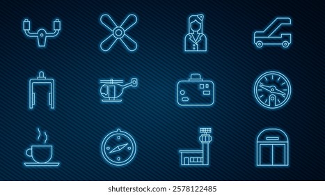 Set line Aircraft hangar, Compass, Stewardess, Helicopter, Metal detector in airport, steering helm, Suitcase and Plane propeller icon. Vector