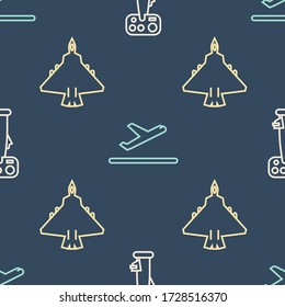 Set line Aircraft steering helm, Jet fighter and Plane takeoff on seamless pattern. Vector