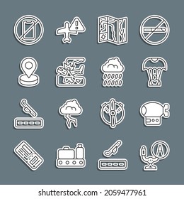 Set line Aircraft steering helm, Airship, Parachute, World travel map, Plane crash, Location, No cell phone and Cloud with rain icon. Vector