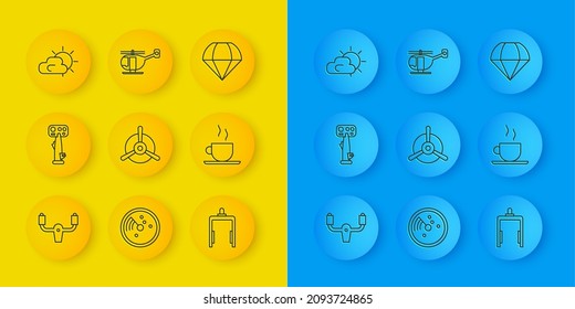 Set line Aircraft steering helm, Plane propeller, Metal detector airport, Coffee cup, Sun and cloud weather, Parachute and Helicopter icon. Vector