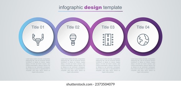 Set line Aircraft steering helm, Hot air balloon, Airport runway and Worldwide. Business infographic template. Vector