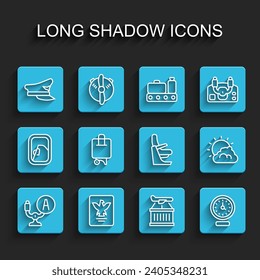 Set line Aircraft steering helm, Passport, Pilot hat, Plane, Clock, Suitcase, Sun and cloud weather and Airplane seat icon. Vector
