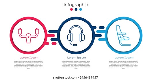 Set line Aircraft steering helm, Headphones with microphone and Airplane seat. Business infographic template. Vector