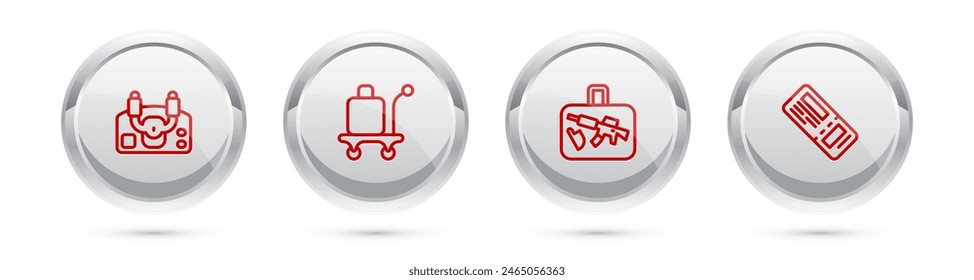Set line Aircraft steering helm, Trolley baggage, Suitcase and Airline ticket. Silver circle button. Vector