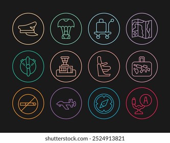 Set line Aircraft steering helm, Suitcase, Trolley baggage, Airport control tower, Plane propeller, Pilot hat, Airplane seat and Parachute icon. Vector