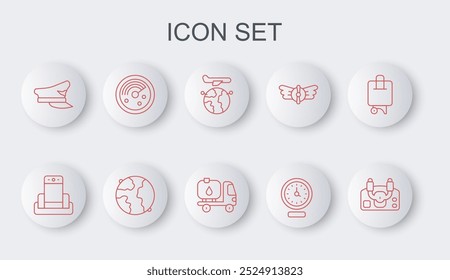 Set line Aircraft steering helm, Metal detector airport, Globe with flying plane, Clock, Pilot hat, Radar targets on monitor, Worldwide and Fuel tanker truck icon. Vector