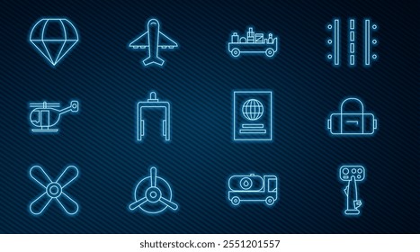 Set line Aircraft steering helm, Suitcase, Airport luggage towing truck, Metal detector airport, Helicopter, Parachute, Passport and Plane icon. Vector