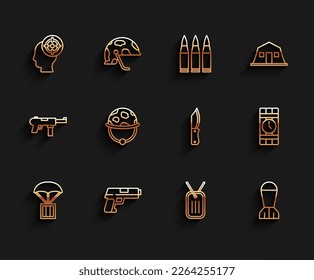 Set line Airdrop box, Pistol or gun, Target sport, Military dog tag, Aviation bomb, helmet, Dynamite and timer clock and knife icon. Vector