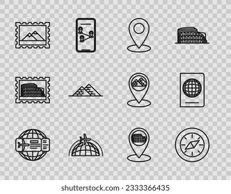 Set line Airline ticket, Compass, Map pin, Globe with flying plane, Postal stamp and Mountains, Egypt pyramids, pointer Coliseum Rome, Italy and Passport biometric data icon. Vector