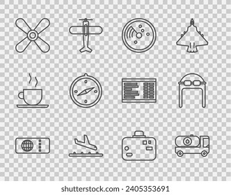 Set line Airline ticket, Fuel tanker truck, Radar with targets on monitor, Plane landing, propeller, Compass, Suitcase and Aviator hat goggles icon. Vector