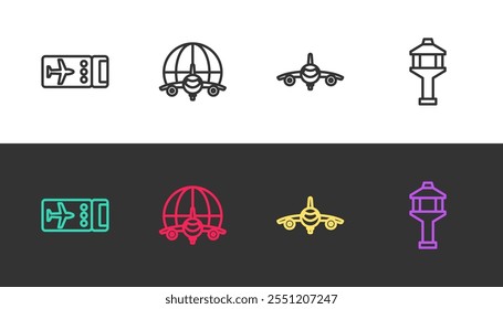 Set line Airline ticket, Globe with flying plane, Plane and Airport control tower on black and white. Vector