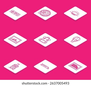 Set line Airline ticket, Globe with flying plane, Sunset, Postal stamp and Egypt pyramids, Hiking backpack, Hot air balloon, Suitcase for travel stickers and Train icon. Vector