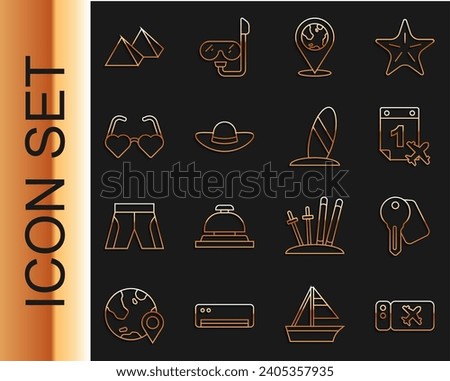 Set line Airline ticket, Hotel door lock key, Calendar and airplane, Location on the globe, Elegant women hat, Heart shaped love glasses, Egypt pyramids and Surfboard icon. Vector