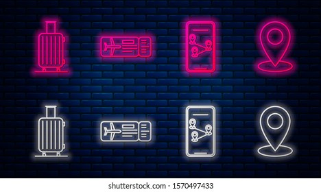 Set line Airline ticket, Infographic of city map navigation, Suitcase for travel and Map pin. Glowing neon icon on brick wall. Vector