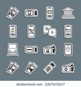 Set line Airline ticket, Infographic of city map, Online hotel booking, car sharing, translator, Mobile with, Bus and Translator icon. Vector