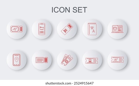 Set line Airline ticket, Infographic of city map, Museum, Train, Online hotel booking, Ticket and Bus icon. Vector