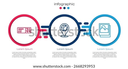 Set line Airline ticket, Location on the globe and Photo. Business infographic template. Vector