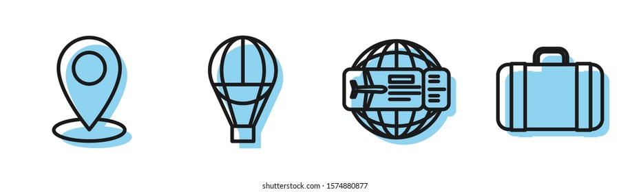 Set line Airline ticket, Map pin, Hot air balloon and Suitcase for travel icon. Vector