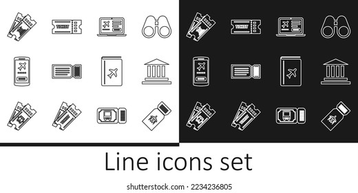 Set line Airline ticket, Museum building, Laptop with, Ticket, Mobile, Cover book travel guide and  icon. Vector