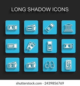 Set line Airline ticket, Museum, Binoculars, Infographic of city map,  and Train icon. Vector