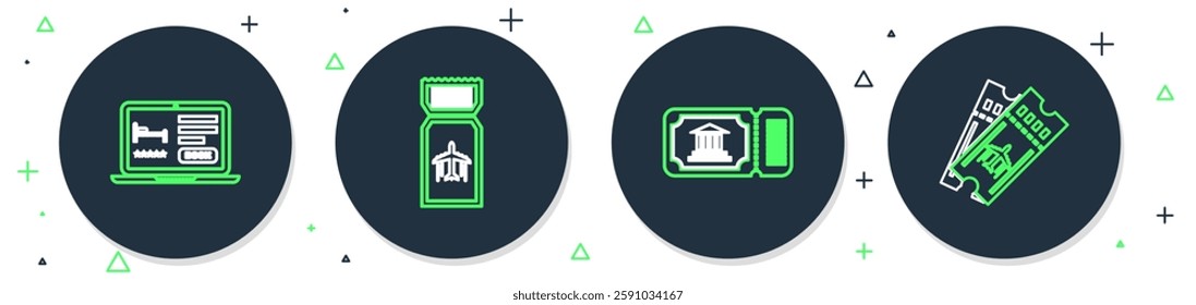 Set line Airline ticket, Museum, Online hotel booking and  icon. Vector