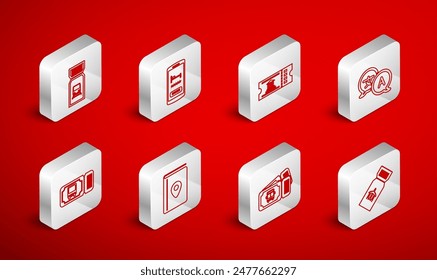 Set line Airline ticket, Online hotel booking, Museum, Translator, Bus, Train, Cover travel guide and  icon. Vector